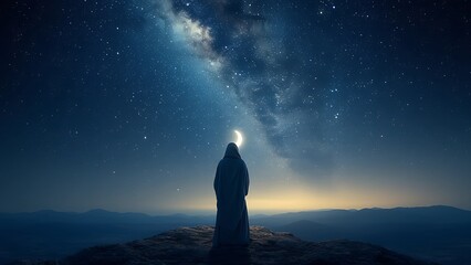 a Muslim Standing Alone Under a Cosmic Night Sky, Tears Falling as He Prays