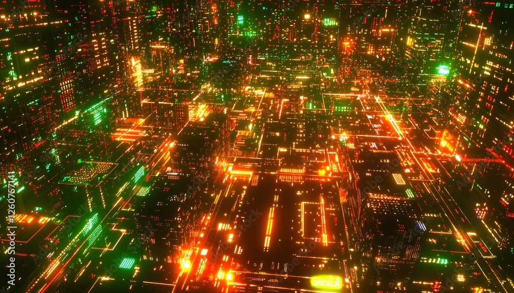 Poster high-angle view of a glowing futuristic city grid at night, bold neon patterns creating cinematic su