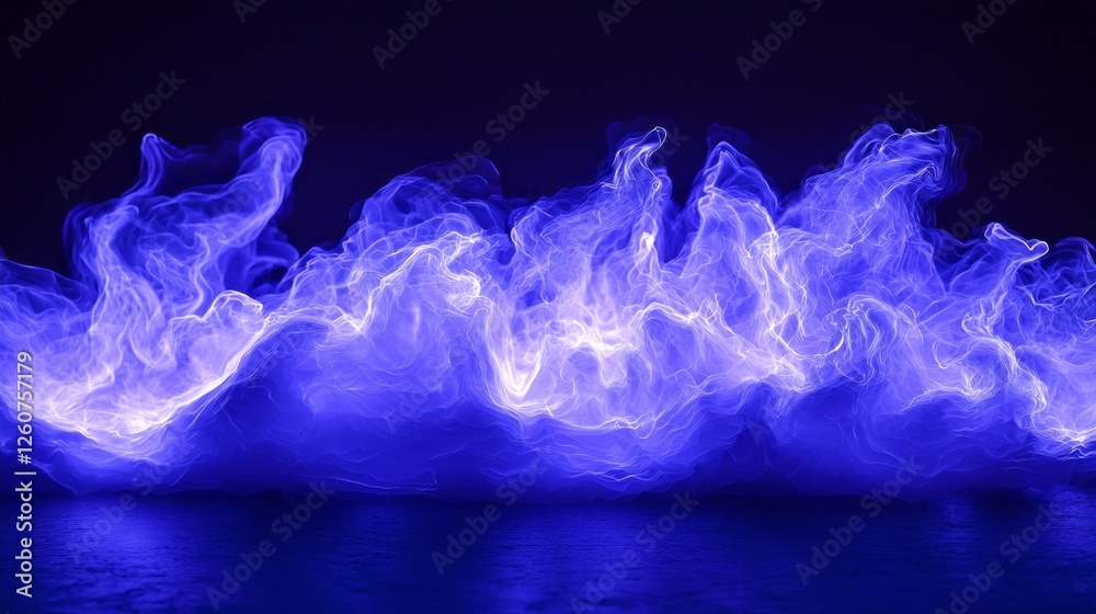 Poster Fluid waves of electric blue dance and intertwine, creating a captivating visual effect. The luminous forms evoke a sense of energy and transformation in the darkness