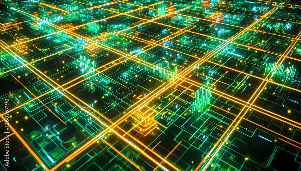 Poster high-angle view of a glowing futuristic city grid at night, bold neon patterns creating cinematic su