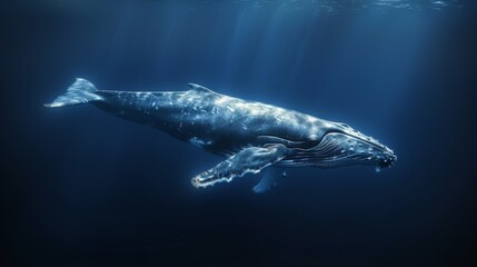 Fototapeta premium A humpback whale gliding through the deep blue ocean. The color palette is dark silver and light navy.