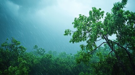 Obraz premium Tree standing in the rain with raindrops falling on its leaves and wet ground beneath
