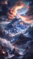 Fototapeta premium Low-angle shot of glowing peaks under vibrant aurora borealis, cinematic storytelling capturing surreal beauty and wonder