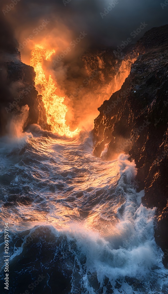 Poster high-angle view of glowing ocean waves crashing against steep cliffs, cinematic depth capturing dram