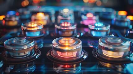 Close-up of glowing arcade buttons surrounded by vibrant neon reflections, cinematic storytelling evoking 80s nostalgia