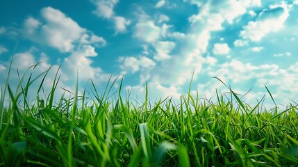 Fototapeta premium field of green grass and blue sky with white clouds, nature background