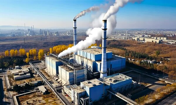 Industrial landscape, with Traditional thermal power plant generating heat, producing steam and smog at sunset. Environmental concept