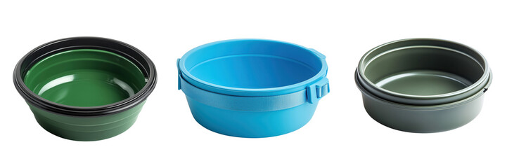 A collapsible travel water bowl for pets isolated on a transparent background