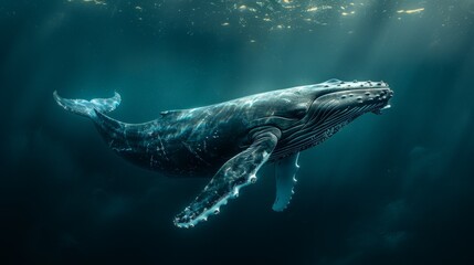 Fototapeta premium A humpback whale gliding through the deep blue ocean. The color palette is dark silver and light navy.