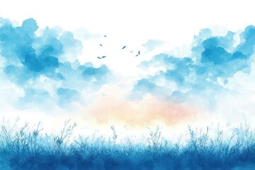 Watercolor Abstract Sky Scene Serene Blue Cloud Calm Nature Print Background Design