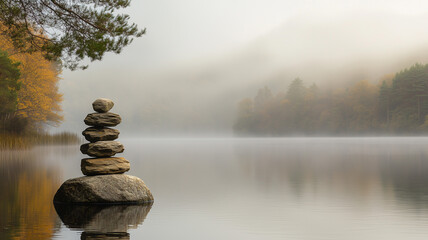Obraz premium A stone stack perched on the surface of a serene lake, surrounded by mist and soft morning light, conveying a sense of balance and peace (2)