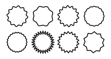 Circle lined borders. Curve edge frames sale, promo black set. Wavy circles. Round frames. Graphic illustration. Geometric line design. Editable stroke. Star burst shape tags for price. Vintage label.