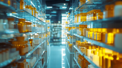 Naklejka premium A view inside a pharmacy with rows of neatly arranged medicine bottles on blurred shelves, exuding a calm and professional environment (1)