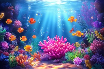 Naklejka premium Vibrant Underwater Scene with Colorful Coral Reefs Playful Fish and Central Pink Coral Formation