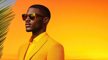 Stylish Man in Orange Suit and Sunglasses Against Vibrant Sunset Background