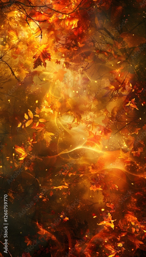 Poster surreal forest with glowing mist enveloping vibrant autumn leaves, shafts of golden light creating c