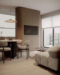 Empty living room a TV wall mounted with sofa in living room with cream color wall- 3D rendering
