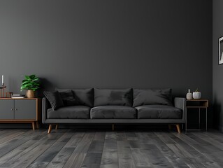 Modern dark gray room design with sofa, sideboard, and spacious mock-up for text.