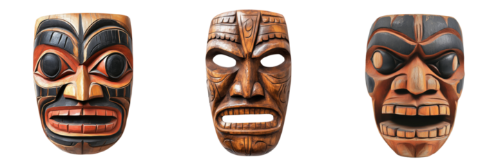 A hand-carved spirit mask with exaggerated features isolated on a transparent background