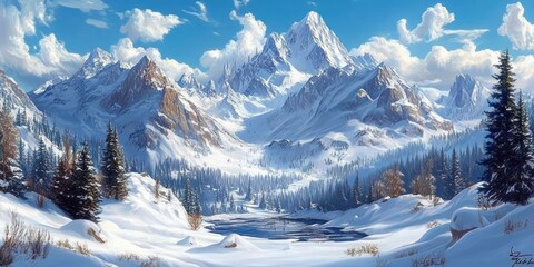 Serene Winter Mountains Snow-Covered Landscape Tranquil Nature Impressionism