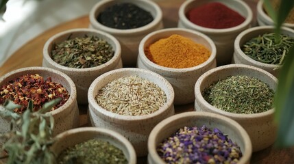 Fototapeta premium Vivid spices in small bowls create a rich tapestry of color and fragrance. This collection brings traditional culinary practices alive, capturing the essence of global flavors and aromas