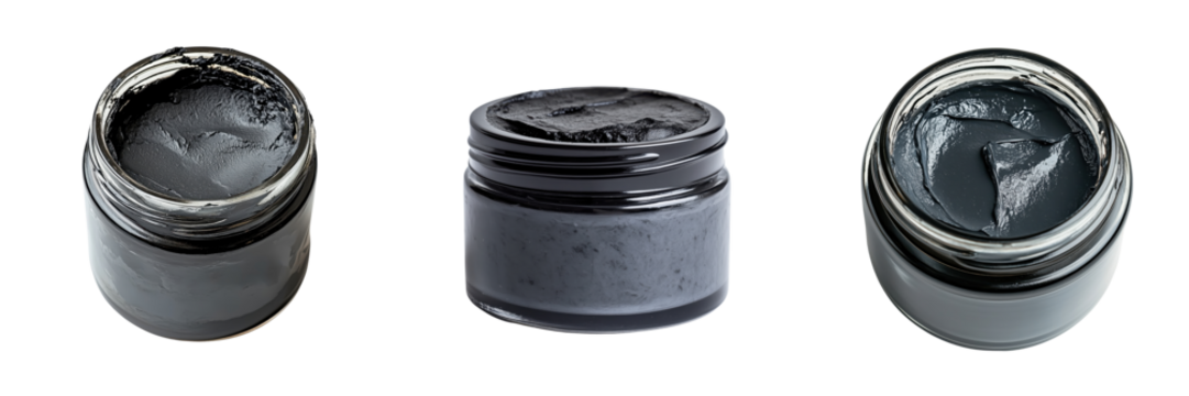 Different Textures of Black Cosmetic Clay in Jars on Transparent Background