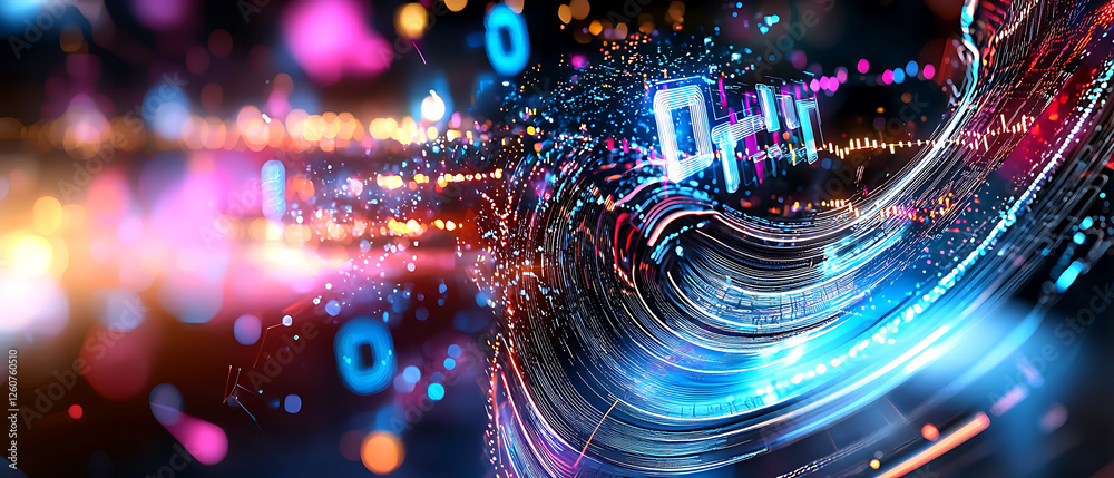 Poster digital data visualization displaying flow of information in a vibrant abstract environment