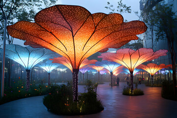 Illuminated Floral Trees At Night In An Urban Garden