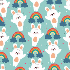 seamless pattern cute cartoon white bunny with rainbow. cute animal drawing for wallpaper and background