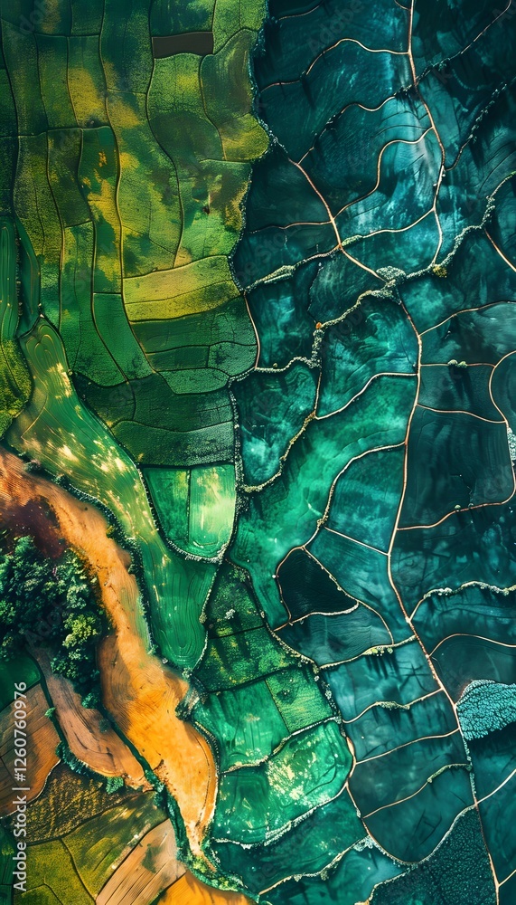 Poster aerial view of vibrant glowing farmland patterns, cinematic storytelling capturing dynamic natural t