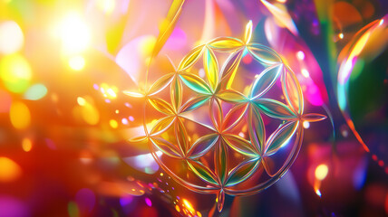 An eye-catching 3D visualization of the Flower of Life, enriched with rainbow hues. The background features an abstract composition of bright colors and light flares, evoking a sense of joy and