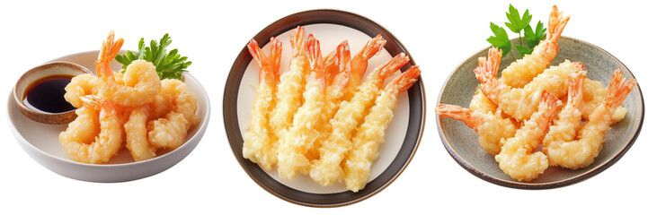 A fresh plate of shrimp tempura isolated on a transparent background