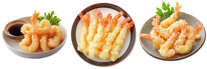 A fresh plate of shrimp tempura isolated on a transparent background