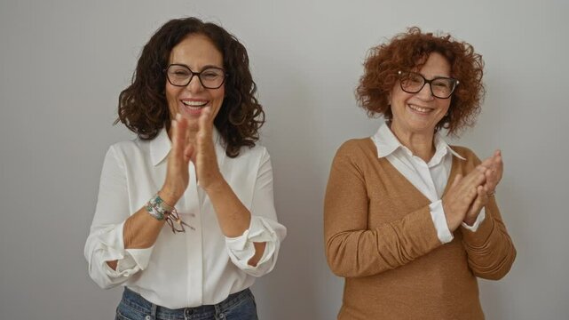 Women clapping together against a white wall, showcasing friendship and happiness with an isolated background featuring two mature hispanic women wearing glasses.
