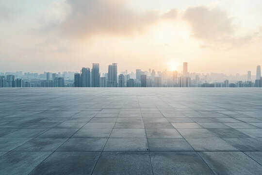 The image shows a vast, empty concrete surface in the foreground with a city skyline in the background, featuring numerous skyscrapers under a beautiful sky.