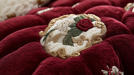 Embroidered Rose Detail On Burgundy Velvet Cushion
