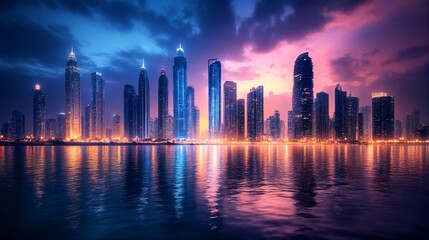 Obraz premium the city's skyline is reflected in the calm waters of the bay at sunset.