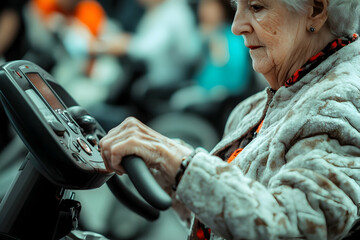 Elderly woman on gym bike with blurred background of fitness club