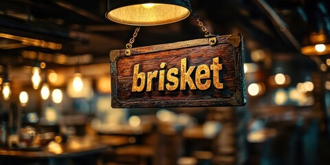 Wooden restaurant sign advertising brisket in warm ambient lighting setting within a rustic barbecue-themed dining establishment interior