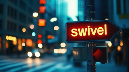 Urban cityscape featuring a vibrant red sign with the word "swivel" illuminated against a backdrop of blurred city lights and a bustling street scene