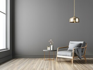 Modern gray interior with armchair, side table, hanging lamp, and blank wall. Clean and elegant design.