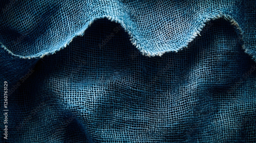 Poster Close-up view of a deep blue indigo dyed burlap texture. The fabric is rustic and shows a lot of detail Macro Texture Backgrounds Abstract Blue Fabric Texture Patchwork. Deep Blue Indigo Burlap
