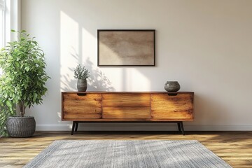 Scandinavian Interior Scene with Mid-Century Sideboard and Cozy Gray Rug