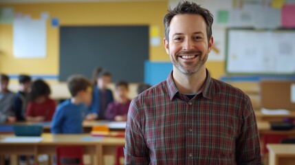 Fototapeta premium Smiling man in classroom. Portrait of smiling teacher in classroom. Elementary students learning a camera in a school. A cheerful man in a classroom lifestyle.
