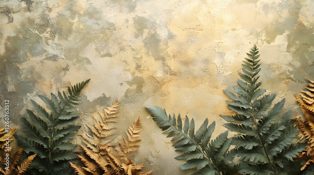 Poster dried and fresh ferns arranged on a textured background. autumnal tones of gold and green dominate. 