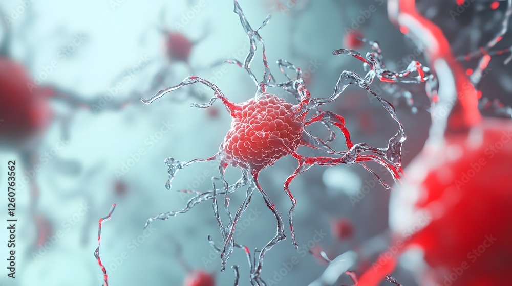 Poster A highly magnified abstract and conceptual image of a red cell or molecular structure rendered in a futuristic and innovative scientific style