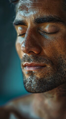 Obraz premium Man with closed eyes relaxing in a serene indoor environment