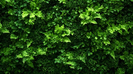A close-up view of a vibrant green wall densely packed with various ferns and foliage creating a lush, textured background Macro Texture Backgrounds Fern Detail. Lush Green Vertical Garden