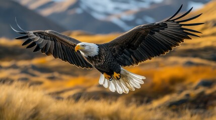 Obraz premium Bald eagle landing, mountain backdrop, autumn grasses, wildlife photography