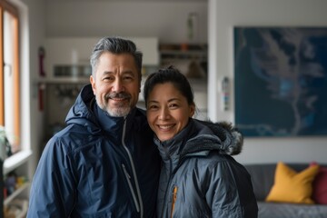 Obraz premium Portrait of a satisfied multicultural couple in their 40s wearing a windproof softshell over crisp minimalistic living room